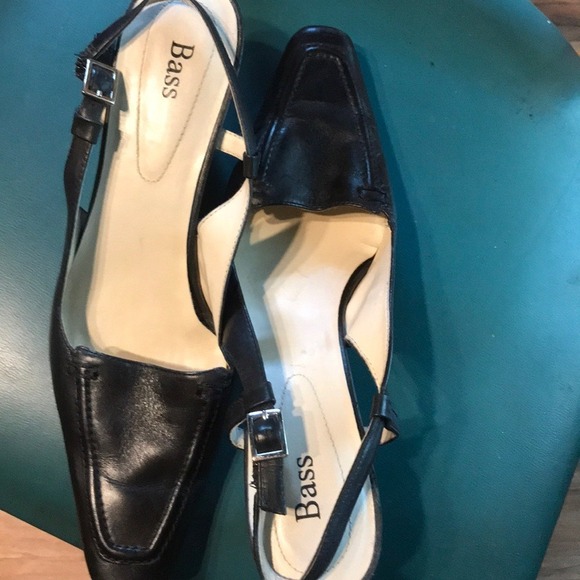 Bass Womens Black Leather Square Toe Slingback Kitten Heels Pumps - Picture 4 of 5